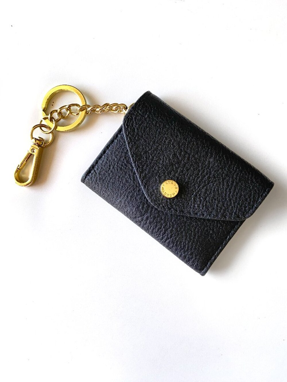 Steve Madden Small Black Wallet Keychain ID Holder Gold Hardware